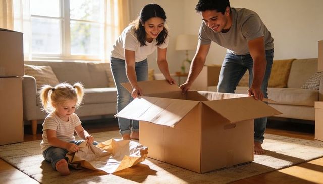 Family unpacking moving boxes in sunlit living room toddler playing with packing paper