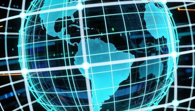 Holographic globe rotating with glowing cyan grid and americas map in virtual control room