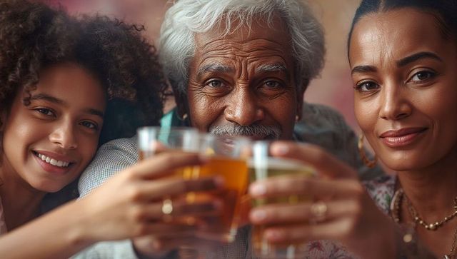 Happy Family Trio Toasting with Drinks in a Celebratory Atmosphere