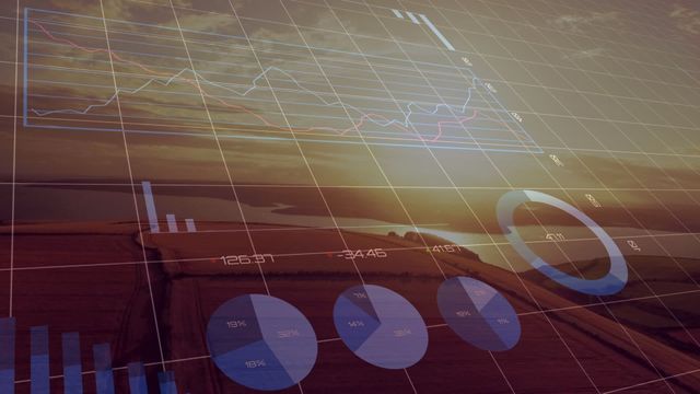 Financial data visualizations overlay on an agricultural landscape, showing charts, graphs, and statistics. Ideal for illustrating concepts in financial analysis, agribusiness studies, technology integration in agriculture, and data-driven decision making. Use in presentations, websites, or articles focusing on agricultural economics, financial forecasting, or technological advancements in business.