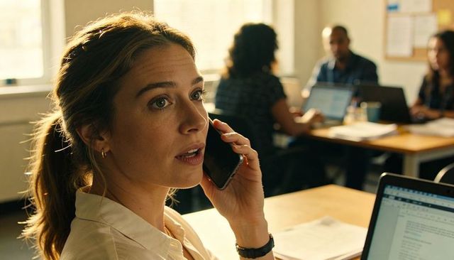 Businesswoman talking on phone at sunlit office desk with laptop and colleagues collaborating