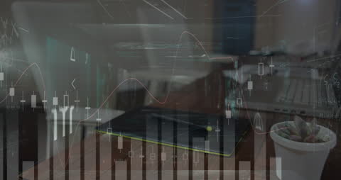 Animated Financial Data Overlay on Office Desk