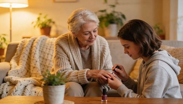 Teenager painting grandmother nails with pink polish cozy intergenerational family bonding