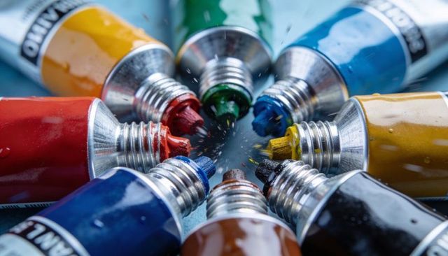 Vibrant acrylic paint tubes forming radial burst with dripping pigments and splatter