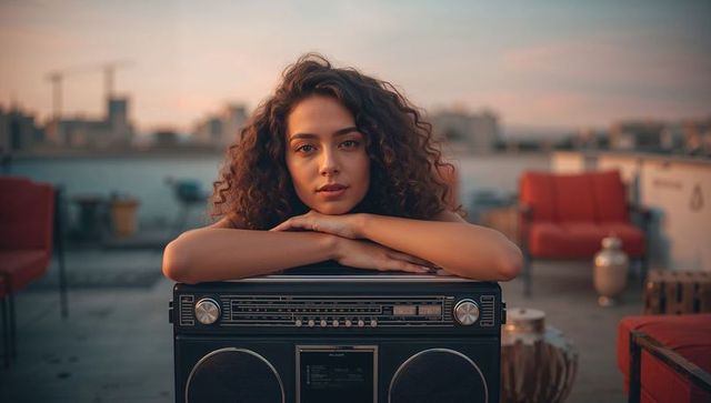 Woman relaxing with vintage boombox on urban rooftop at dusk
