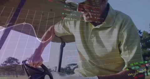 Senior Man Steering Golf Cart with Future Technology Interface Display