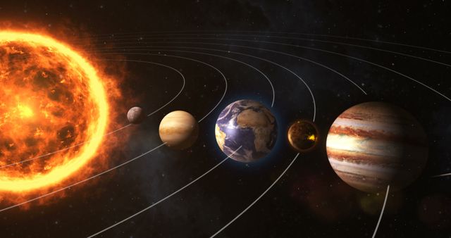 Depicts the planets of the solar system beautifully arranged in their respective orbits around the sun. Ideal for use in science presentations, educational resources, space-related articles, and astronomical studies.