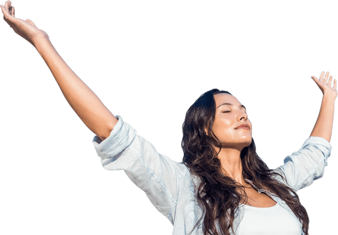 Happy Woman with Arms Raised on Transparent Background Emotion Happiness