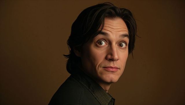 Young man turning head with wide eyes and curious expression on warm brown background