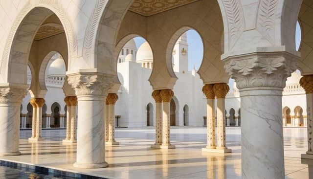 White marble colonnade with gold capitals and reflective floor in islamic architecture