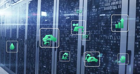 Data Center Aisle with Eco-Friendly Digital Icons and Binary Code