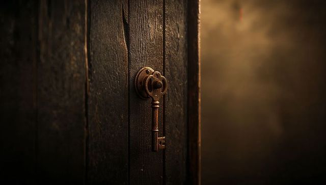 Vintage Wooden Door with Antique Key Partially Open