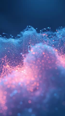 Vertical abstract neon filament landscape revealing glowing fibrous network in motion