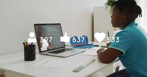 Young Boy Engages in E-Learning with Social Media Interaction Overlay - Download Free Stock Images Pikwizard.com