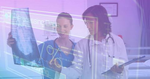 Clinicians Reviewing X-Ray with Holographic Data Overlay for Digital Radiology Collaboration