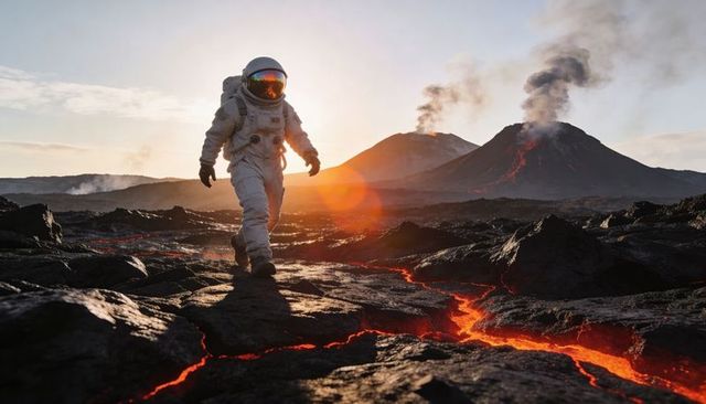 Astronaut walking across volcanic lava field with erupting volcano and golden visor