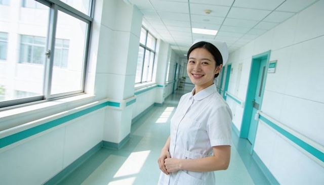 Standing asian nurse smiling in bright hospital corridor wearing white uniform and cap