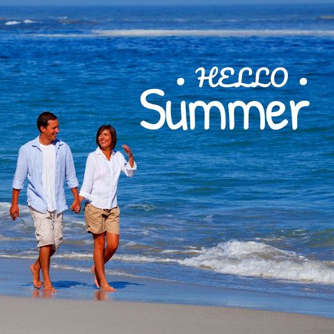 Happy Couple Walking on Sandy Beach with Summer Greeting