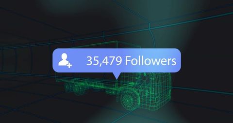 Followers badge hovering over 3d truck wireframe in neon cyberpunk grid