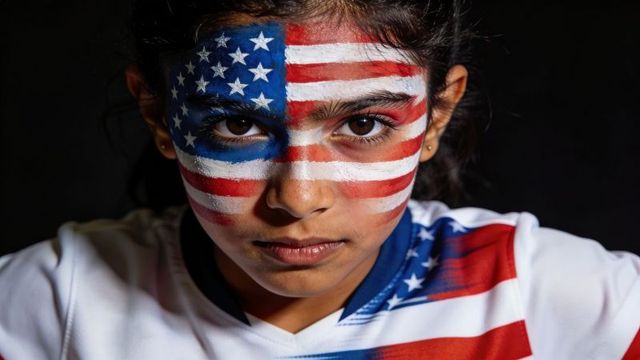 Determined teen wearing american flag face paint and flag-print jersey closeup portrait