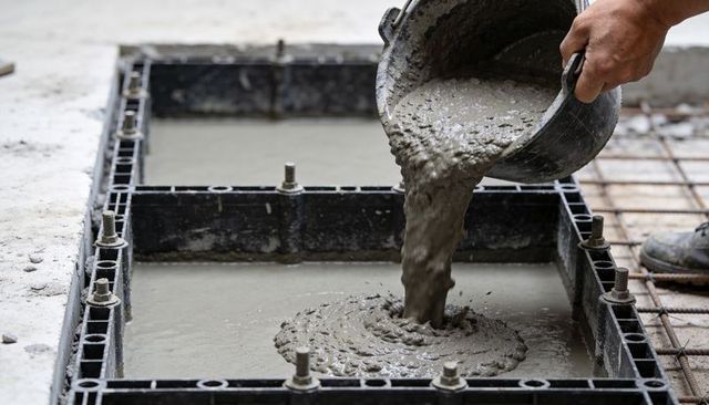 Construction worker pouring concrete into plastic formwork for reinforced floor slab