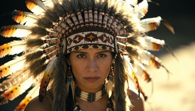 Indigenous woman wearing feathered headdress and beaded regalia sunlit portrait