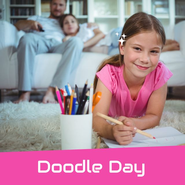 Doodle day text over orange banner over portrait of caucasian girl doodling on a paper at home. Doodle day awareness concept