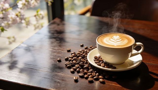 Sunlit latte with rosetta latte art and scattered coffee beans on wooden table