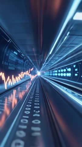 Vertical data tunnel racing through binary corridor with neon waveform and pulsing nodes