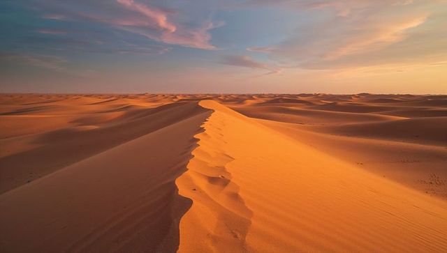 Sunrise glowing sand dune ridge stretching toward horizon showing ripples and textures