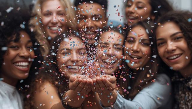 Multicultural group celebrating with confetti burst, smiling friends sharing joy close-up