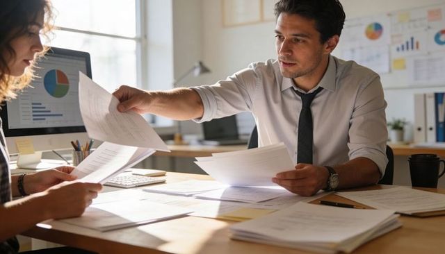 Handing report to colleague while reviewing charts and analytics at modern office desk
