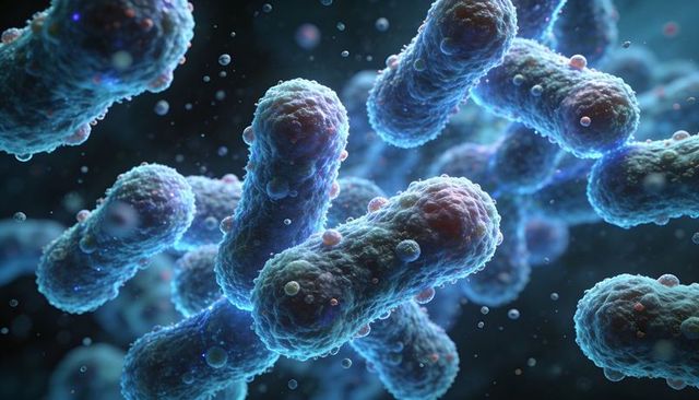 Glowing bacilli cluster revealing vesicles and particles under fluorescence microscopy