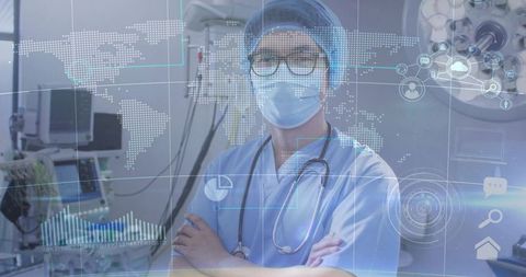 Surgeon standing in operating room wearing mask and stethoscope with AR medical data overlay