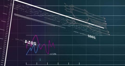 Displaying Multi-layer HUD Analytics UI with Neon Line Charts and Isometric Wireframe