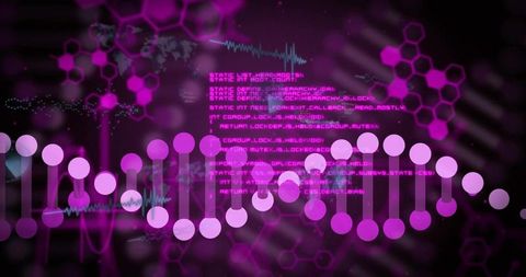 Rendering stylized DNA double helix over dark digital background with magenta code overlay