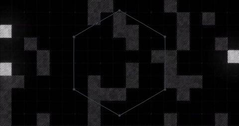 Hexagon and pixelated squares on black digital grid background