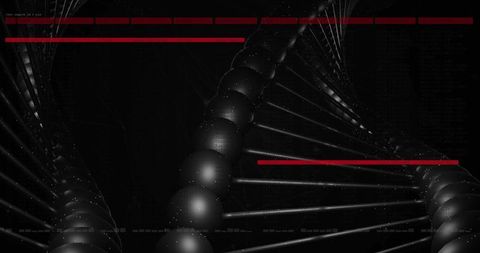 Twisting Double Helix Floating Through Dark Digital Space with Red Data Bars and Code
