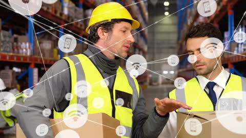 Workers in Warehouse Discussing Logistics with Digital Network Overlay