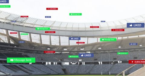 Digital Icons Hovering Over Empty Sports Stadium