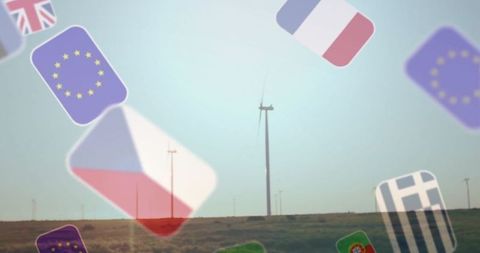 Wind Turbine Across Landscape with Hovering European Flags Icons