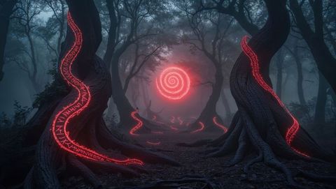 Enchanted forest pathway with demonic energy spiral