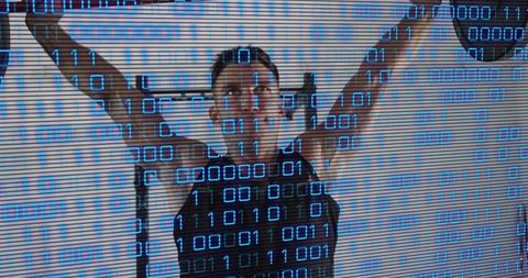Lifting athlete holding barbell overhead with blue binary overlay for tech-driven training