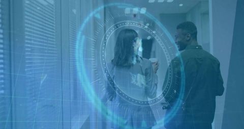 Colleagues walking with coffee amidst digital interface overlay