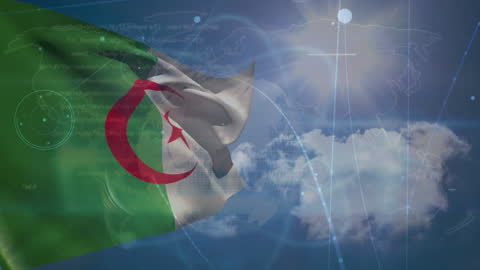 Algerian Flag with Digital Data Overlay and World Map