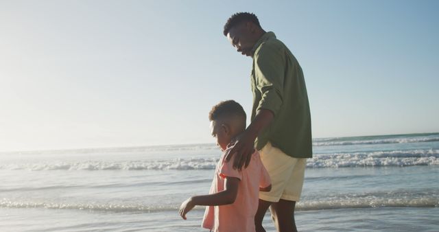 Happy african american father walking with son on sunny beach - Download Free Stock Photos Pikwizard.com