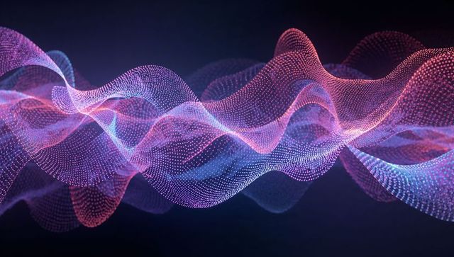 Neon particle wave mesh flowing in magenta purple cyan digital gradient abstract futuristic