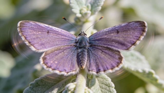 Iridescent purple-blue butterfly spreading wings on fuzzy sage leaves macro close-up