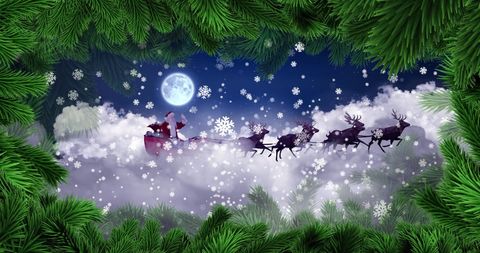 Santa Claus Flying on Sleigh with Reindeer across Christmas Sky - Download Free Stock Images Pikwizard.com