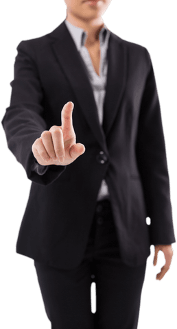 Transparent businesswoman pressing futuristic virtual screen interface
